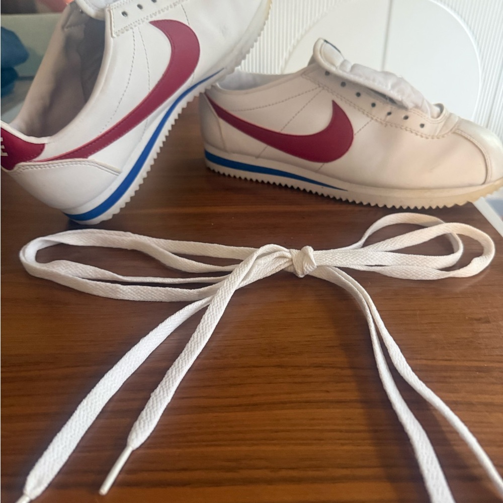 Nike White Classic Cortez Sneakers with Swoosh and Blue Accents